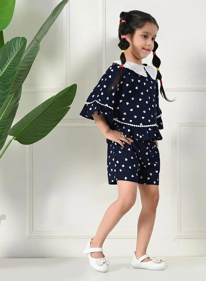BELLA MODA Bella Moda Heart Printed Lace Detail Top and Shorts Set