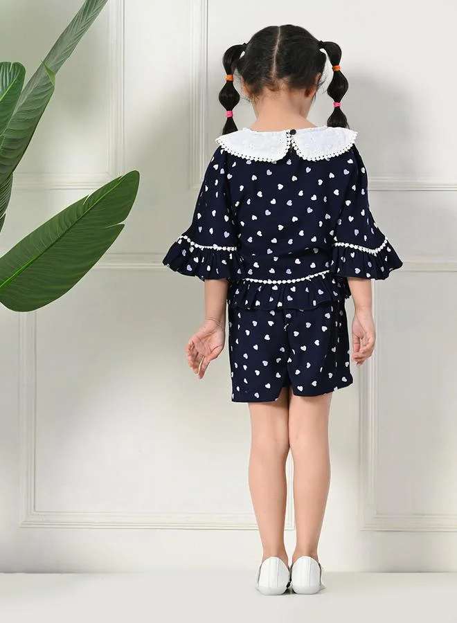 BELLA MODA Bella Moda Heart Printed Lace Detail Top and Shorts Set