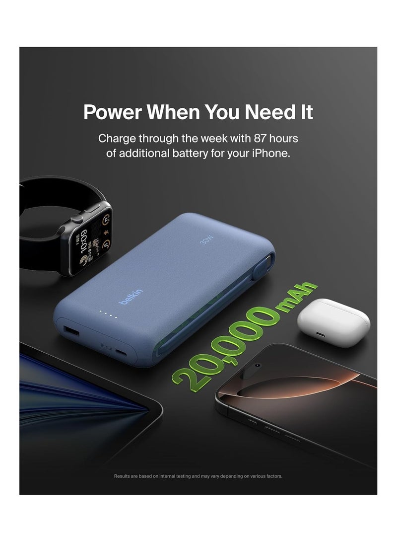 بيلكين شاحن محمول Belkin، بسعة 20 ألف مللي أمبير مع كابل مدمج يدعم الشحن السريع بقدرة 30 واط يوصل الطاقة باستخدام منفذ USB-C، شاحن محمول لسلسلة iPhone 16 وiPad Pro، وسلسلة Galaxy S25، وغير ذلك الكثير - أزرق 20000 mAh - Image 4
