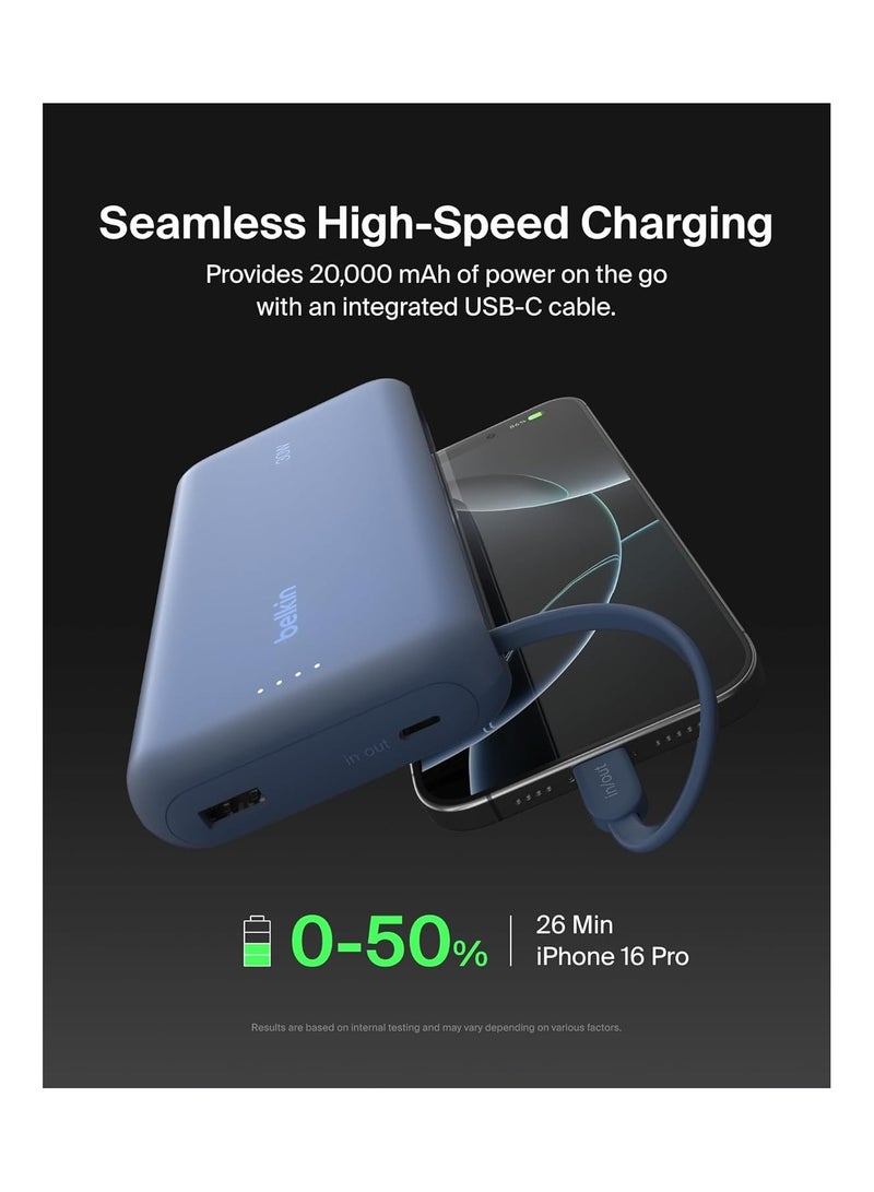 بيلكين شاحن محمول Belkin، بسعة 20 ألف مللي أمبير مع كابل مدمج يدعم الشحن السريع بقدرة 30 واط يوصل الطاقة باستخدام منفذ USB-C، شاحن محمول لسلسلة iPhone 16 وiPad Pro، وسلسلة Galaxy S25، وغير ذلك الكثير - أزرق 20000 mAh - Image 2