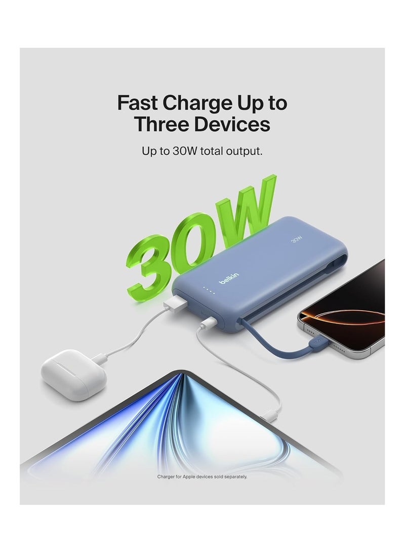 بيلكين شاحن محمول Belkin، بسعة 20 ألف مللي أمبير مع كابل مدمج يدعم الشحن السريع بقدرة 30 واط يوصل الطاقة باستخدام منفذ USB-C، شاحن محمول لسلسلة iPhone 16 وiPad Pro، وسلسلة Galaxy S25، وغير ذلك الكثير - أزرق 20000 mAh - Image 3