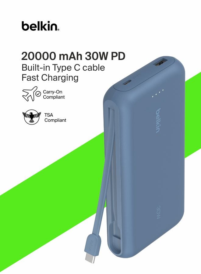 بيلكين شاحن محمول Belkin، بسعة 20 ألف مللي أمبير مع كابل مدمج يدعم الشحن السريع بقدرة 30 واط يوصل الطاقة باستخدام منفذ USB-C، شاحن محمول لسلسلة iPhone 16 وiPad Pro، وسلسلة Galaxy S25، وغير ذلك الكثير - أزرق 20000 mAh - Image 1
