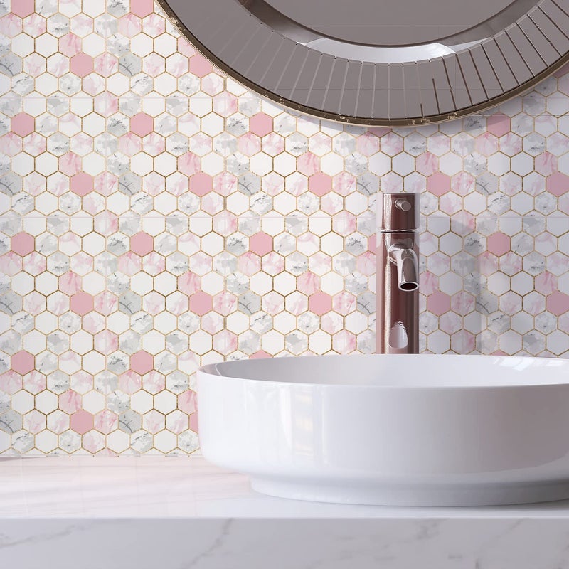 ملصق بلاط حائط فينيل Alwayspon 12 قطعة × 20 سم 8 بوصة مقاوم للماء ملصق بلاط خلفي لاصق للمطبخ والحمام ذاتي اللصق قابل للتقشير واللصق بلاط PVC بتأثير الرخام الأبيض والوردي