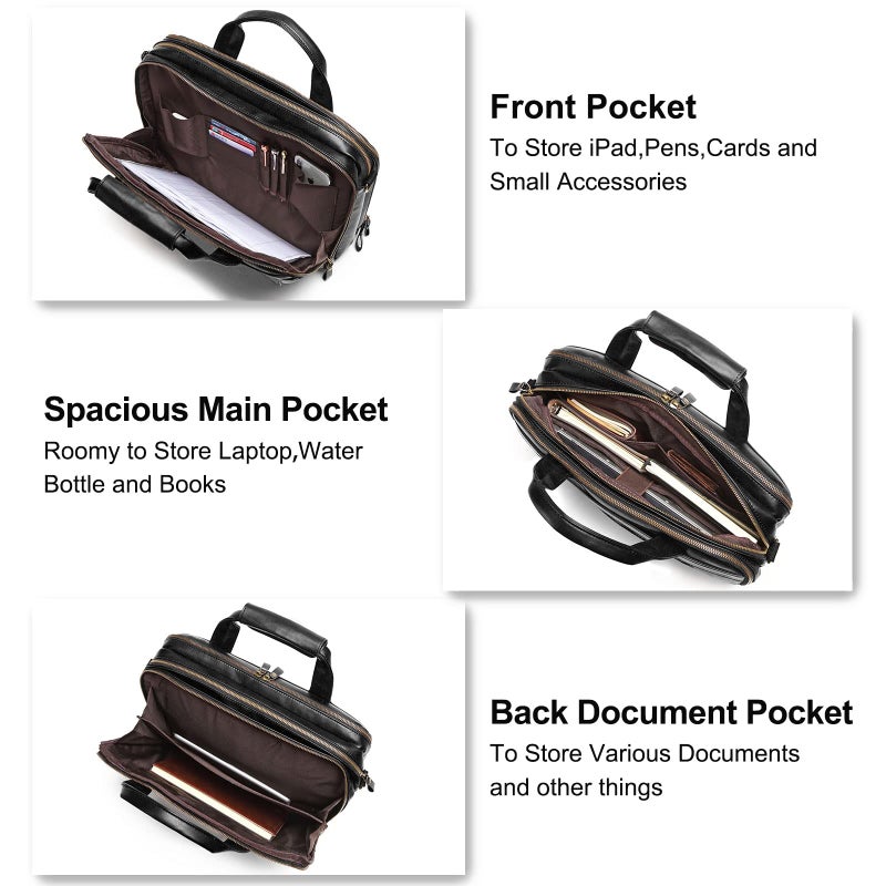 Bosidu Leather Briefcases for Men 15.6 Inch Laptop Messenger Bag with Triple Compartments Water-Resistant Computer Shoulder Bag for Business, Travel, Work, Office, Black - Image 2