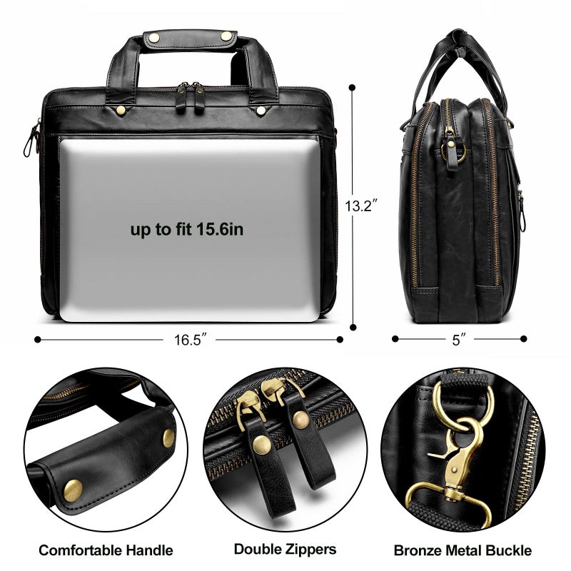 Bosidu Leather Briefcases for Men 15.6 Inch Laptop Messenger Bag with Triple Compartments Water-Resistant Computer Shoulder Bag for Business, Travel, Work, Office, Black - Image 5