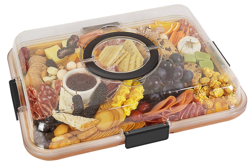 Renmxj Charcuterie Board with Clear Lid, Travel Portable Cheese Board Charcuterie Boxes Cutting Boards for Kitchen, House Warming Gifts New Home, Gifts for Women (4 Compartments Black) - Image 1