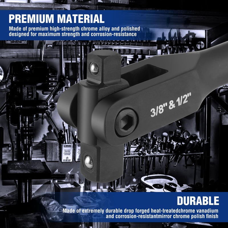 WORKPRO 16-inch Dual Drive Breaker Bar, 3/8" & 1/2" Drive, Heavy Duty Breaker Bars with 360Â° Flex Head, Spring-loaded Detent Ball, CR-MO Head, Premium Chrome Vanadium Steel with Black Phosphate Finish - Image 2