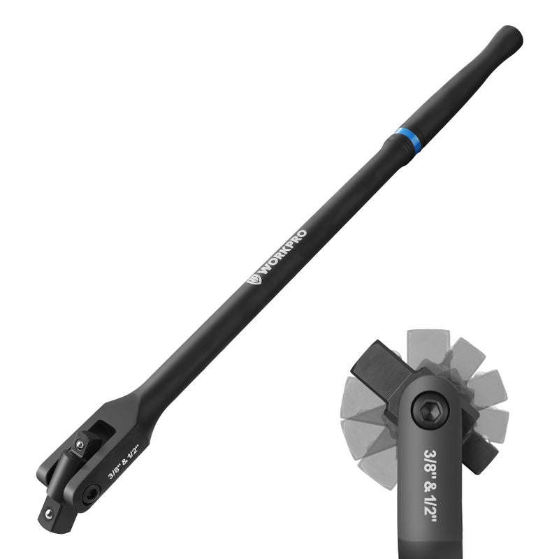 WORKPRO 16-inch Dual Drive Breaker Bar, 3/8" & 1/2" Drive, Heavy Duty Breaker Bars with 360Â° Flex Head, Spring-loaded Detent Ball, CR-MO Head, Premium Chrome Vanadium Steel with Black Phosphate Finish - Image 1
