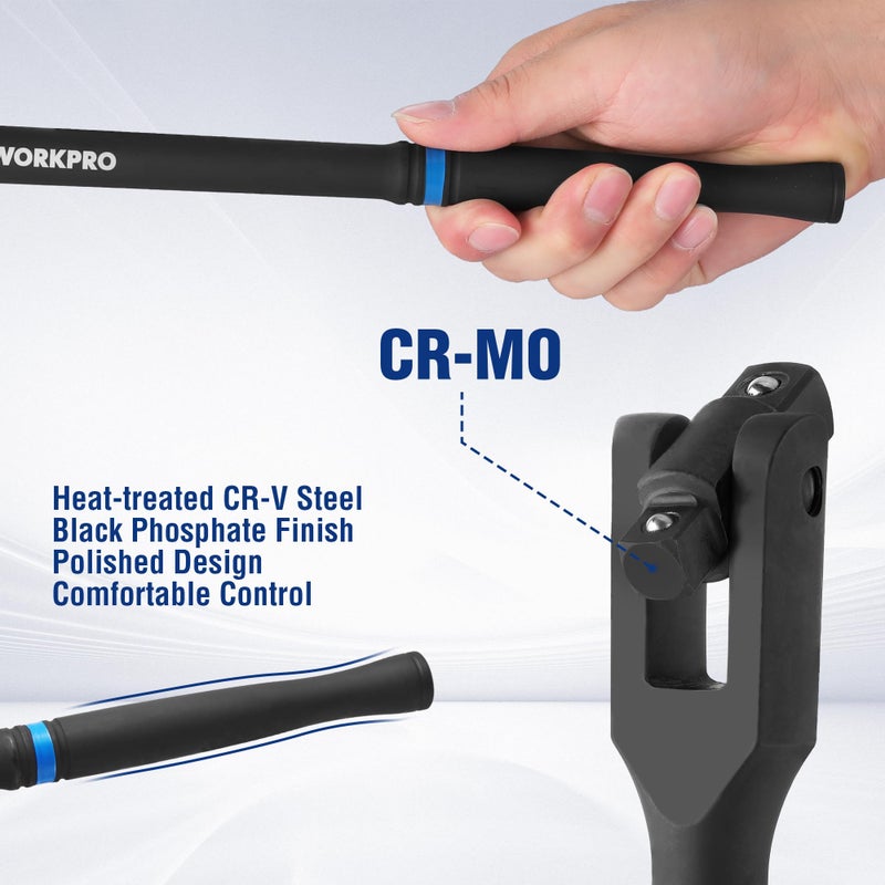 WORKPRO 16-inch Dual Drive Breaker Bar, 3/8" & 1/2" Drive, Heavy Duty Breaker Bars with 360Â° Flex Head, Spring-loaded Detent Ball, CR-MO Head, Premium Chrome Vanadium Steel with Black Phosphate Finish - Image 4
