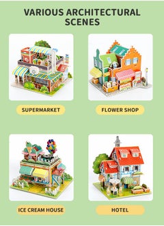 GROIC 3D Puzzles Town DIY Building Blocks Set, Educational Creative Puzzle, Supermarket, Flower Shop, Ice Cream Parlour, Holiday Hotel with Map and Doll Accessories City Scene Assemble Toys  - Image 4