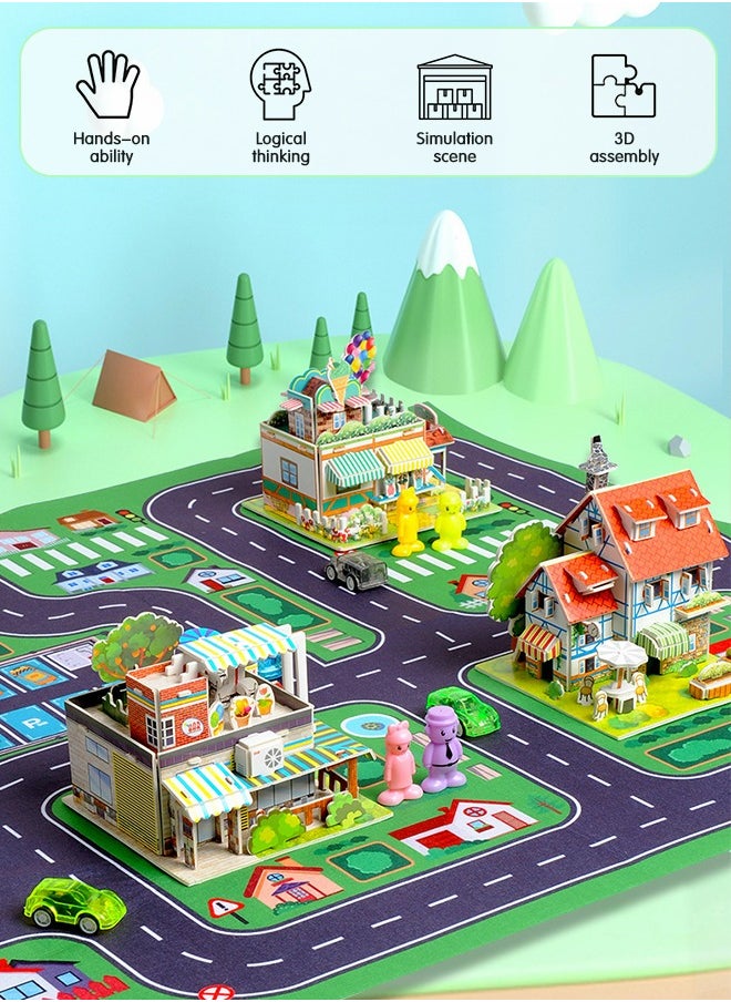 GROIC 3D Puzzles Town DIY Building Blocks Set, Educational Creative Puzzle, Supermarket, Flower Shop, Ice Cream Parlour, Holiday Hotel with Map and Doll Accessories City Scene Assemble Toys  - Image 2