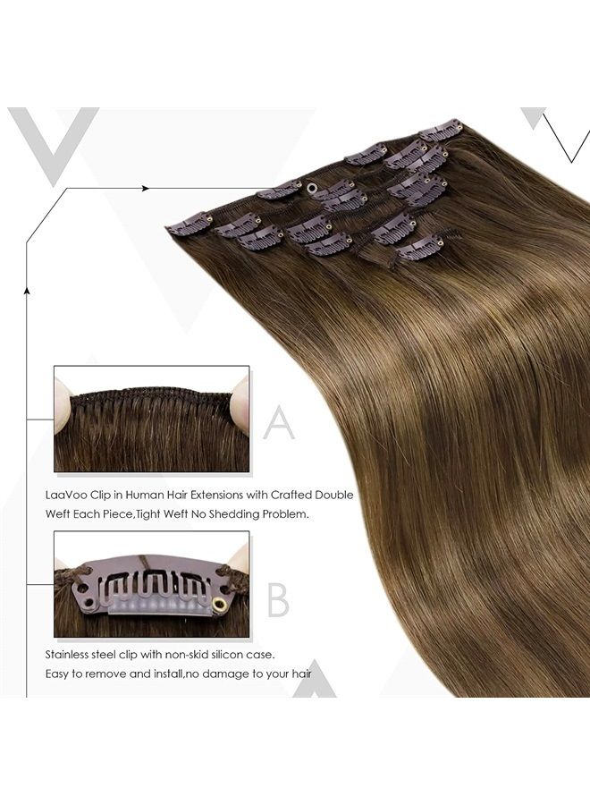 LaaVoo Clip in Hair Extensions Human Hair Balayage Chestnut Brown to Light Brown Clip in Hair Extensions Real Human Hair Straight Real Hair Extensions Full Head Set 16 Inch 7pcs 120G - Image 4