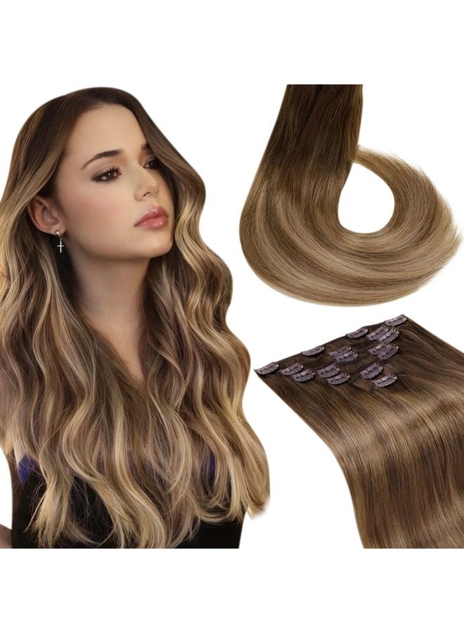 LaaVoo Clip in Hair Extensions Human Hair Balayage Chestnut Brown to Light Brown Clip in Hair Extensions Real Human Hair Straight Real Hair Extensions Full Head Set 16 Inch 7pcs 120G - Image 1