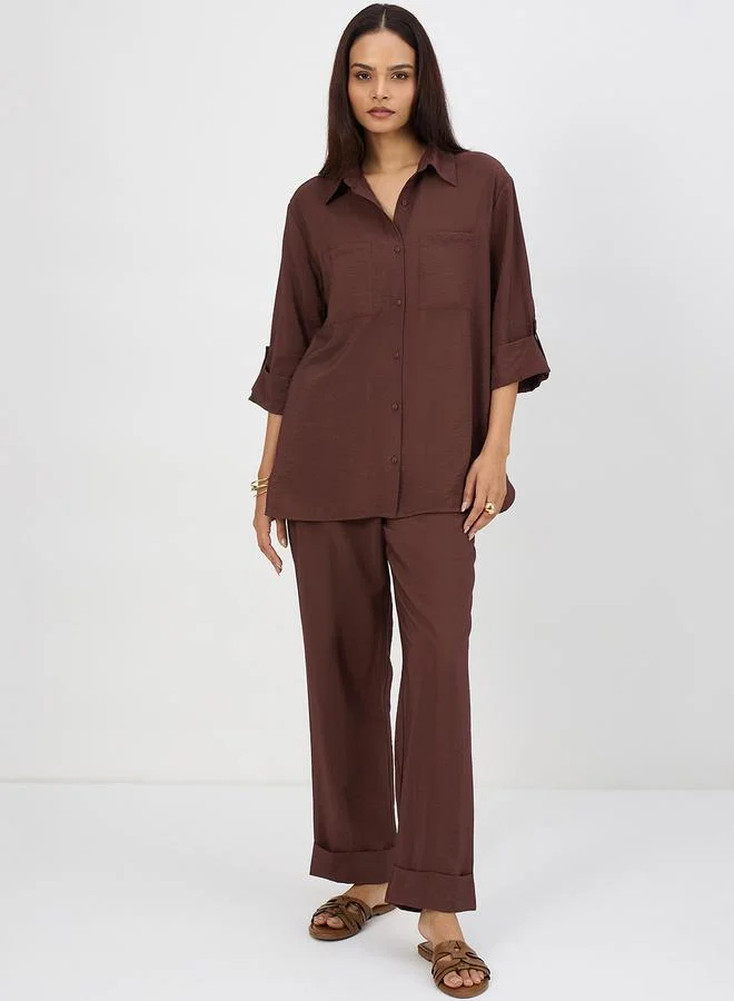 Femmella Women Coffee Brown Dual Pocket Shirt with Trousers Co-Ords