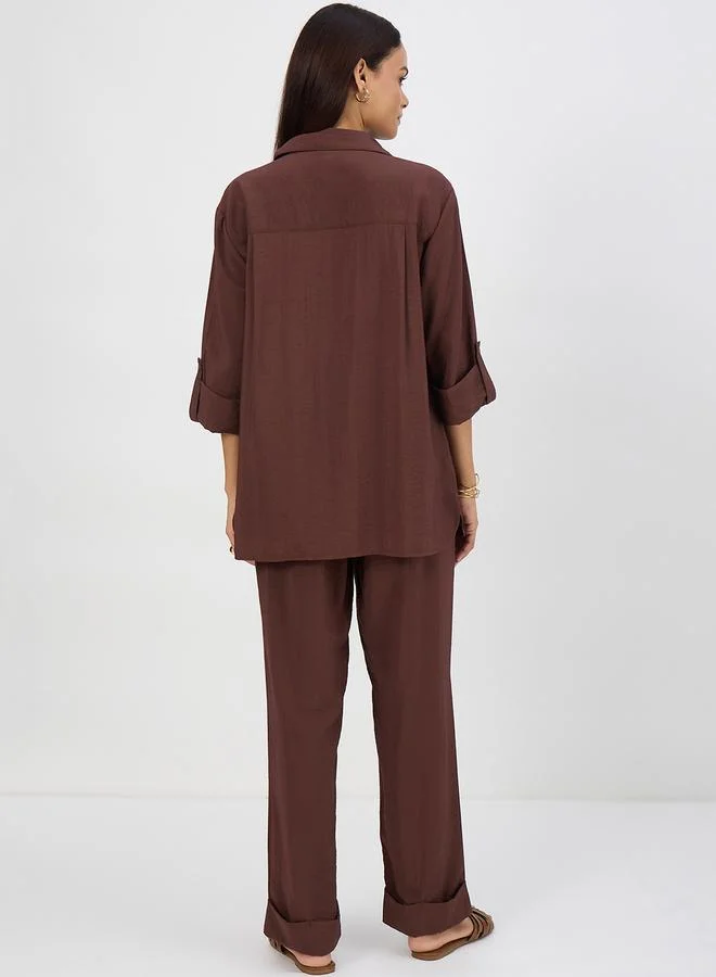 Femmella Women Coffee Brown Dual Pocket Shirt with Trousers Co-Ords