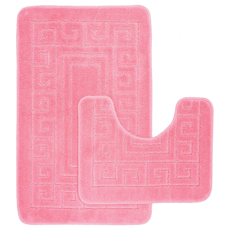EDS Luxury 2 Piece Greek Bath Mat Set Non Slip Ultra Soft Bathroom Mats Water Absorbent Bath Mats Machine Washable Rug Toilet Mat for Bathroom Floor Pink
