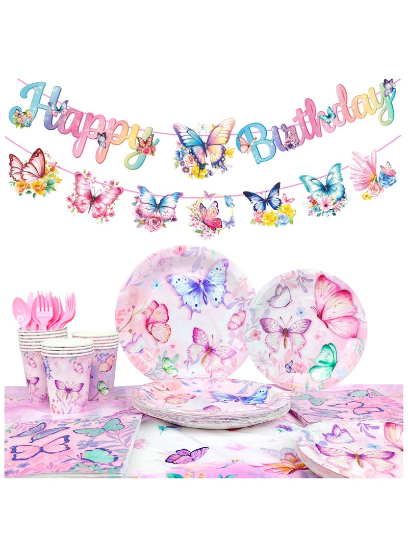 FRUITFUL PARTY Butterfly Birthday Party Disposable Tableware Set for 16 Guests, Butterfly Plates Napkins Cups Tablecloth Decorations for Butterfly Birthday Party Decor Supplies - Image 1