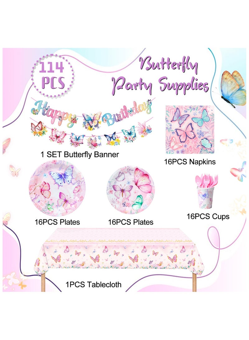 FRUITFUL PARTY Butterfly Birthday Party Disposable Tableware Set for 16 Guests, Butterfly Plates Napkins Cups Tablecloth Decorations for Butterfly Birthday Party Decor Supplies - Image 2