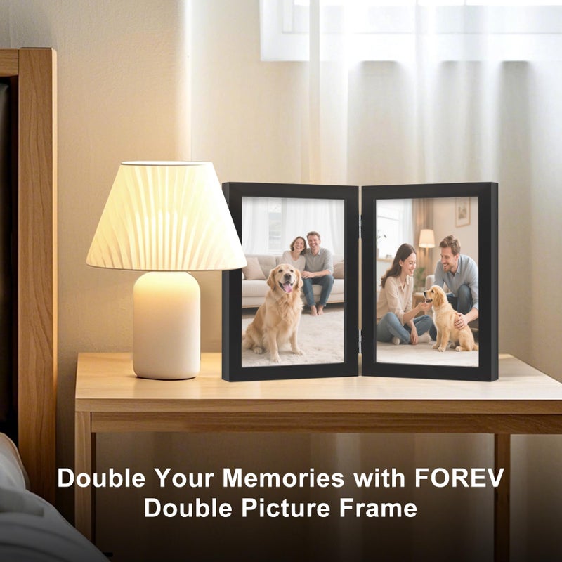 FOREV 5x7 Double Picture Frame Wooden Hinged Photo Frame Definition Glass Stand Vertically on Desktop or Tabletop Black - Image 2