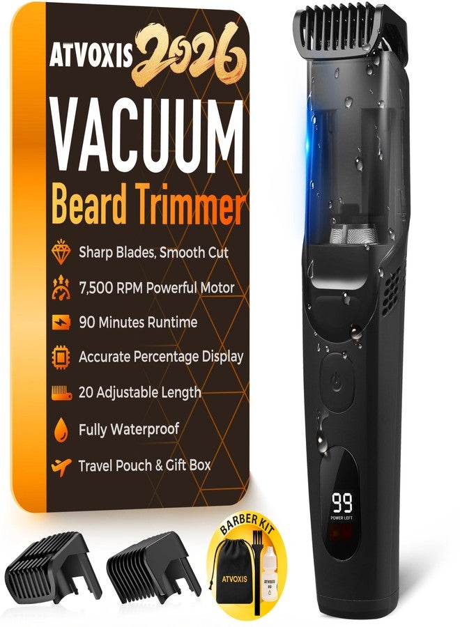 ATVOXIS Vacuum Beard Trimmer for Men Rechargeable, IPX6 Waterproof Mustache Trimmer with Adjustable Length Combs (1/25’’-4/5’’), Men’s Electric Stubble Trimmer, Cordless with Built-in Vacuum (Black) - Image 1