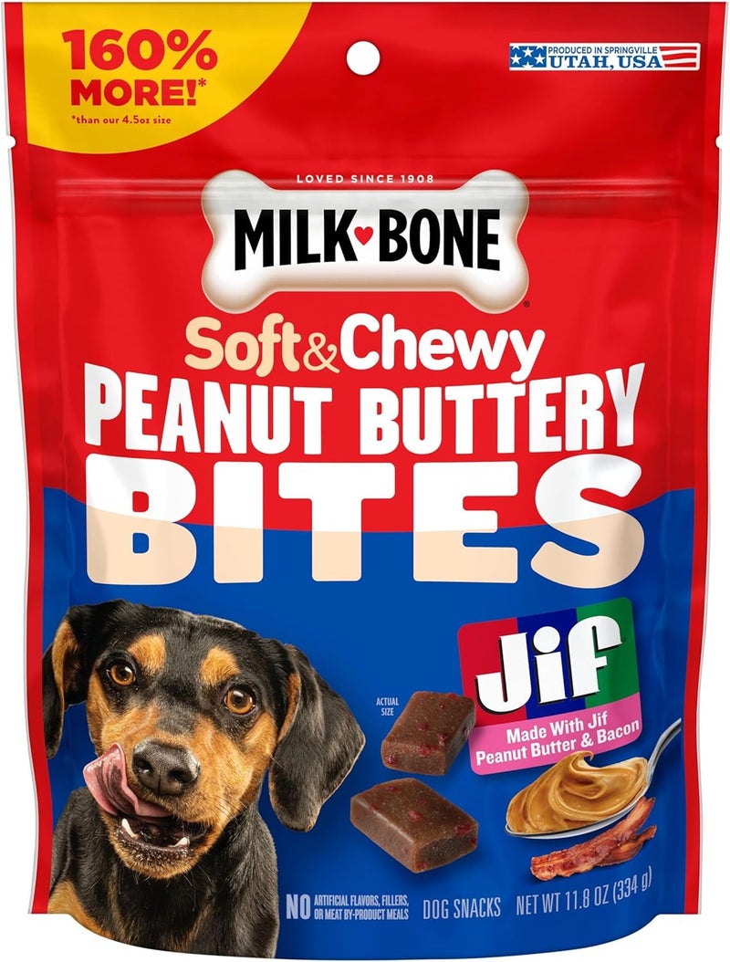 ميلك-بون حلوى الكلاب الناعمة Milk-Bone Peanut Buttery Bites مع زبدة الفول السوداني Jif، عبوة سعتها 11.8 أونصة - Image 1