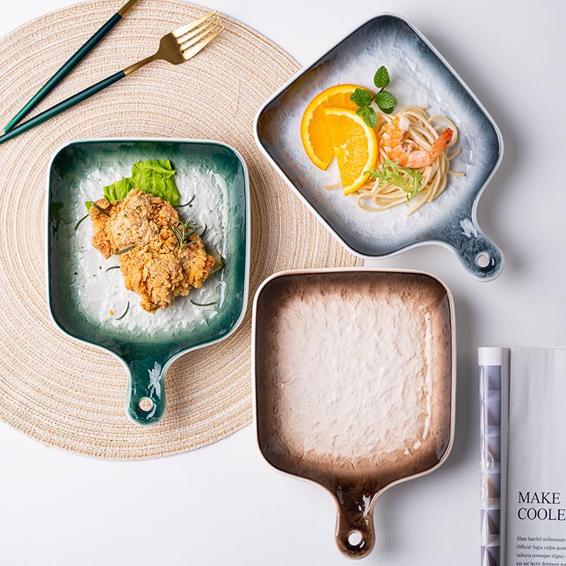 EZYHOME Stone Pattern Ceramic Baking Plate with Handle Square Plate Family Dish Plate Salad Plate with Handle, Platter for Pasta, Maggi, Noodles, Manchurian, Dessert, Ice Cream - Image 4