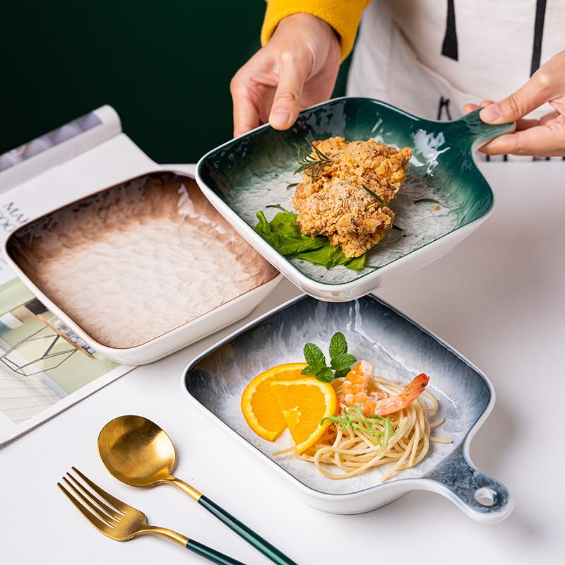 EZYHOME Stone Pattern Ceramic Baking Plate with Handle Square Plate Family Dish Plate Salad Plate with Handle, Platter for Pasta, Maggi, Noodles, Manchurian, Dessert, Ice Cream - Image 5