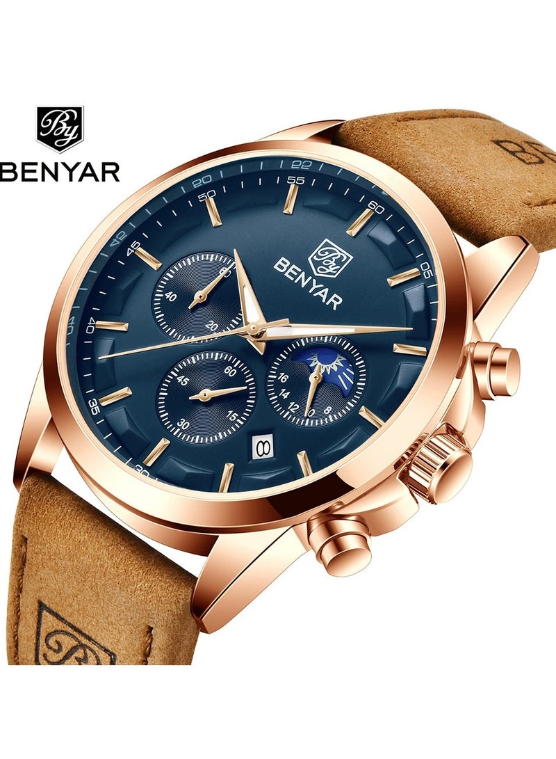 BENYAR Watches for Men Luxury Quartz Water Resistant Watch Men's Chronograph Genuine Leather Strap 5160 - Image 2
