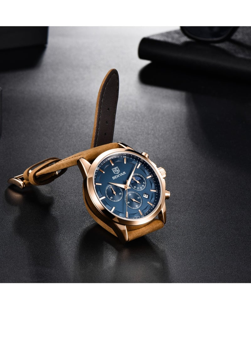 BENYAR Watches for Men Luxury Quartz Water Resistant Watch Men's Chronograph Genuine Leather Strap 5160 - Image 4