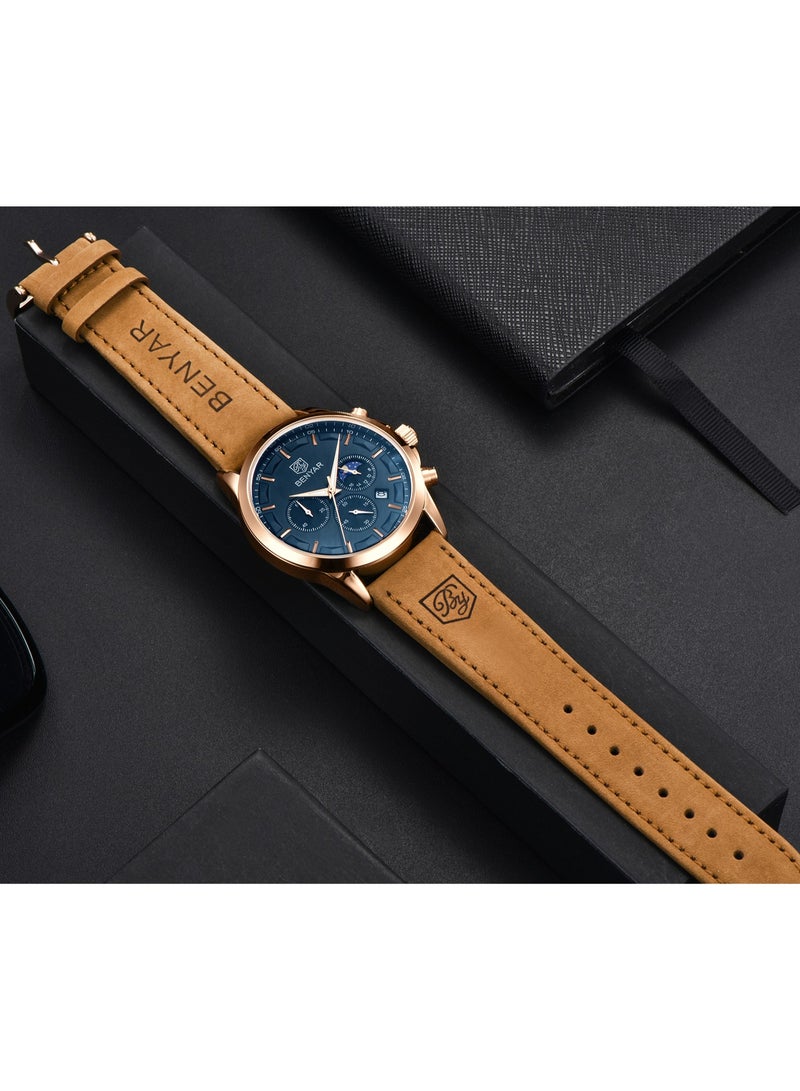 BENYAR Watches for Men Luxury Quartz Water Resistant Watch Men's Chronograph Genuine Leather Strap 5160 - Image 5