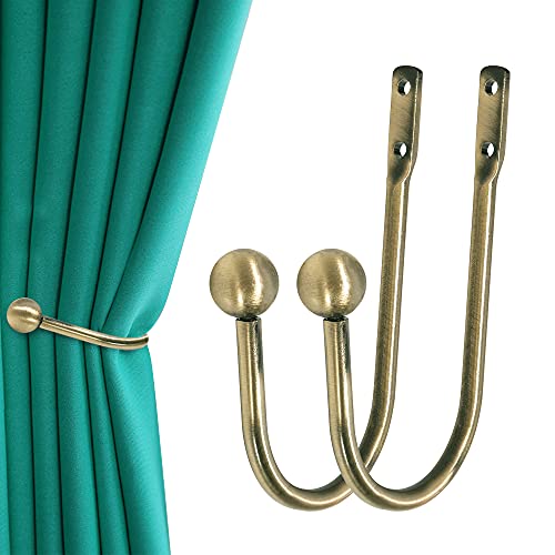 HEMOUR Curtain Holdback 2 Pcs Wall Mounted Drapery Tiebacks with Screws Heavy Duty Metal Decorative Window Drapery Holder Curtain Hook Brass