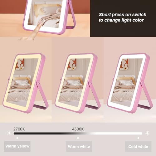 YEKKOPT Pink Rechargeable Vanity Mirror with Lights, 10"×7" LED Makeup Mirror with Lights, Smart Touch Control Dimmable 3 Modes Light, Lighted Up Mirror for Makeup Desk, Bedroom, Dressing Room - Image 5