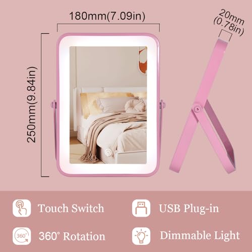 YEKKOPT Pink Rechargeable Vanity Mirror with Lights, 10"×7" LED Makeup Mirror with Lights, Smart Touch Control Dimmable 3 Modes Light, Lighted Up Mirror for Makeup Desk, Bedroom, Dressing Room - Image 2