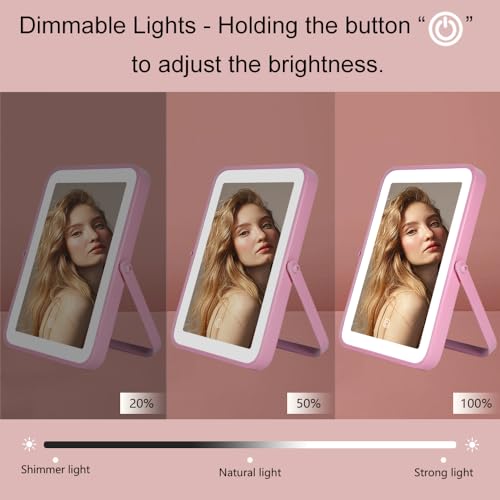 YEKKOPT Pink Rechargeable Vanity Mirror with Lights, 10"×7" LED Makeup Mirror with Lights, Smart Touch Control Dimmable 3 Modes Light, Lighted Up Mirror for Makeup Desk, Bedroom, Dressing Room - Image 4