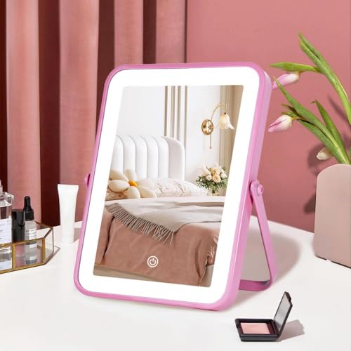 YEKKOPT Pink Rechargeable Vanity Mirror with Lights, 10"×7" LED Makeup Mirror with Lights, Smart Touch Control Dimmable 3 Modes Light, Lighted Up Mirror for Makeup Desk, Bedroom, Dressing Room - Image 1
