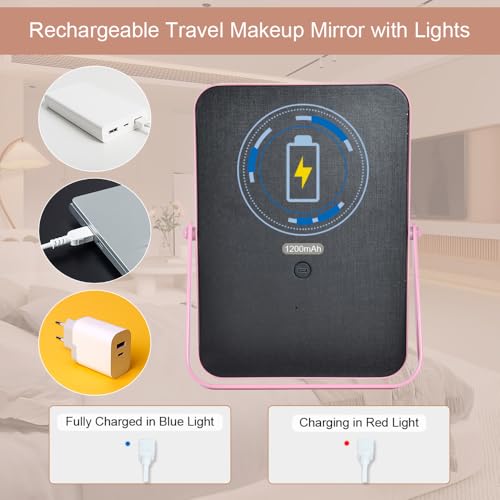 YEKKOPT Pink Rechargeable Vanity Mirror with Lights, 10"×7" LED Makeup Mirror with Lights, Smart Touch Control Dimmable 3 Modes Light, Lighted Up Mirror for Makeup Desk, Bedroom, Dressing Room - Image 3