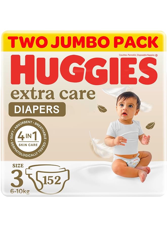 HUGGIES Extra Care Size 3 6 10 Kg Twin Jumbo Pack 152 Diapers - Image 1
