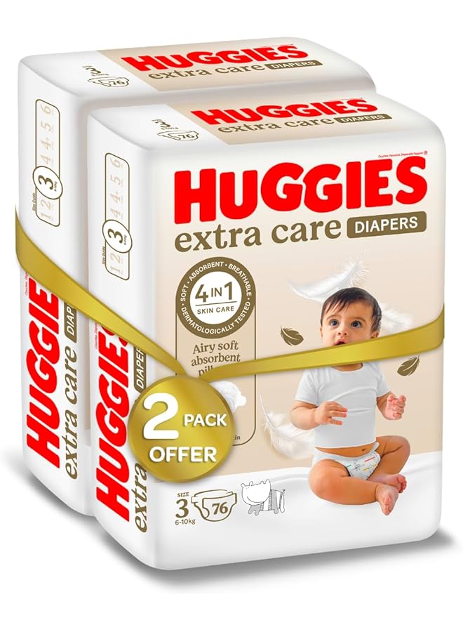 HUGGIES Extra Care Size 3 6 10 Kg Twin Jumbo Pack 152 Diapers - Image 2
