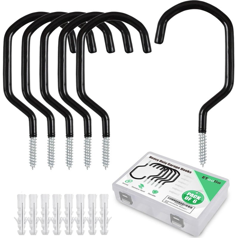 Etoolia 6 Pack Heavy Duty Garage Bike Storage And Utility Hooks-5.7 Inches For Garage Wall And Ceiling-Garage Hooks For Hanging Bicycle Hose Cords And Garden Tools - Image 1