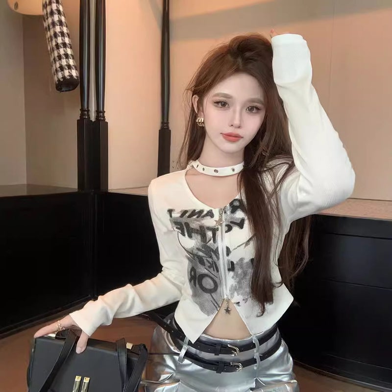 Letter Printed Zipper Long-Sleeved T-Shirt For Women 2025 Autum New Design Niche Slimming Look Short Top - Image 4