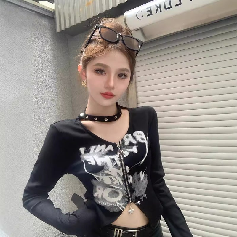 Letter Printed Zipper Long-Sleeved T-Shirt For Women 2025 Autum New Design Niche Slimming Look Short Top - Image 3