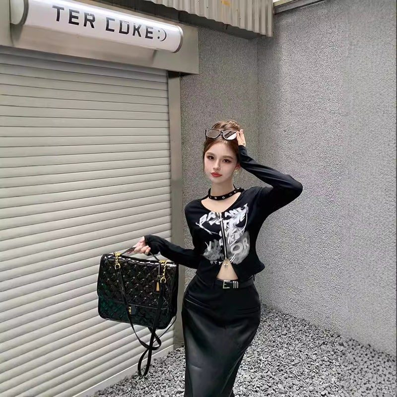 Letter Printed Zipper Long-Sleeved T-Shirt For Women 2025 Autum New Design Niche Slimming Look Short Top - Image 5