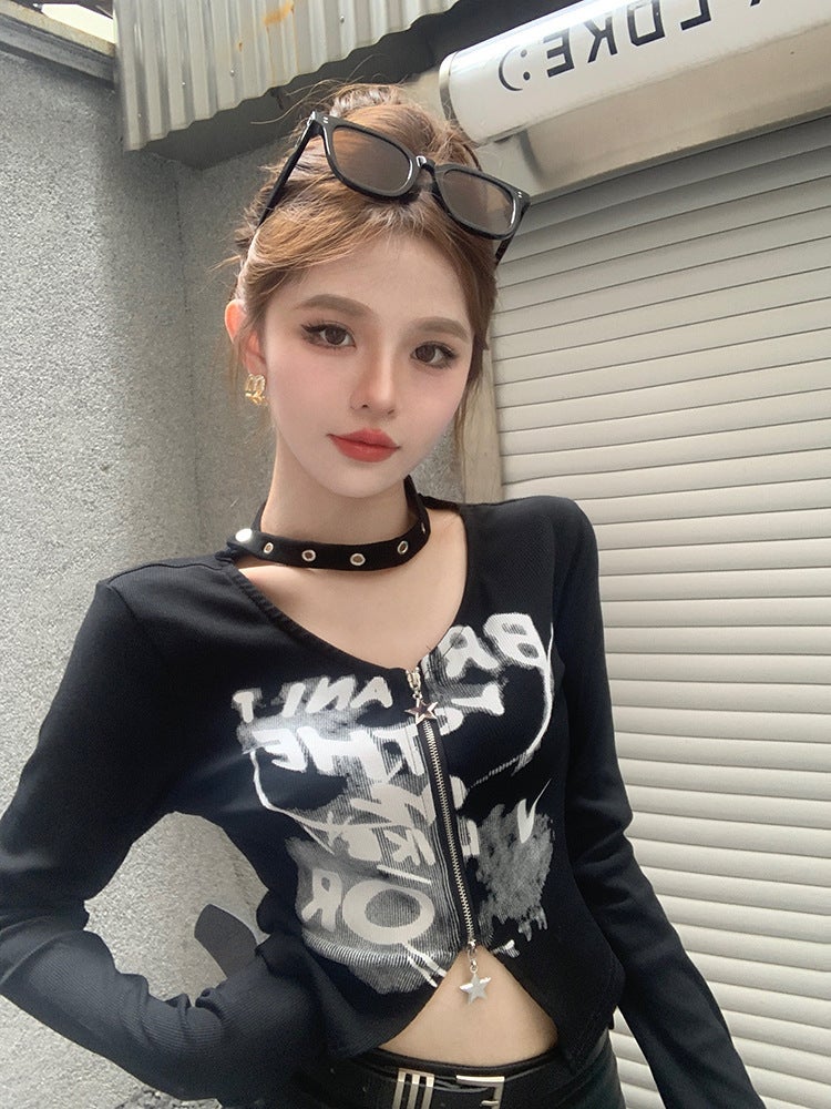 Letter Printed Zipper Long-Sleeved T-Shirt For Women 2025 Autum New Design Niche Slimming Look Short Top - Image 1