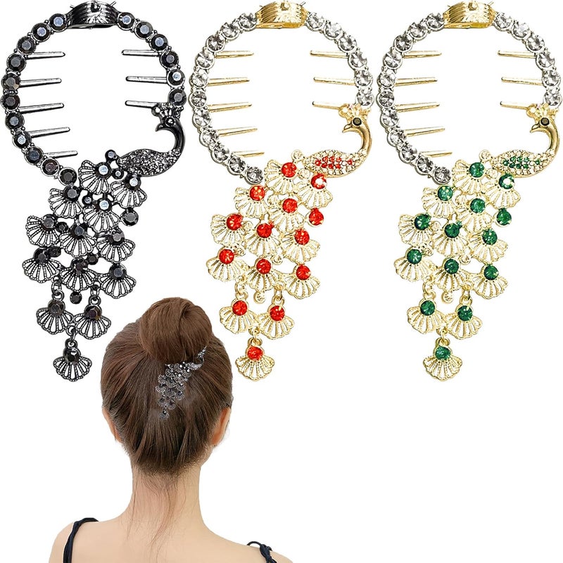 3Pcs Peacock Banana Hair Clip Tassel Ponytail Bun Holder Rhinestone Hair Bun Clip Christmas Hair Accessories for Women Girls