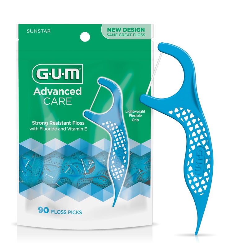 GUM Advanced Care Floss Picks - Dental Flossers for Adults with Vitamin E and Fluoride - Extra Strong Shred-Resistant Dental Floss, Easy Grip Handle, Fresh Mint Flavor, 90 Count - Image 1