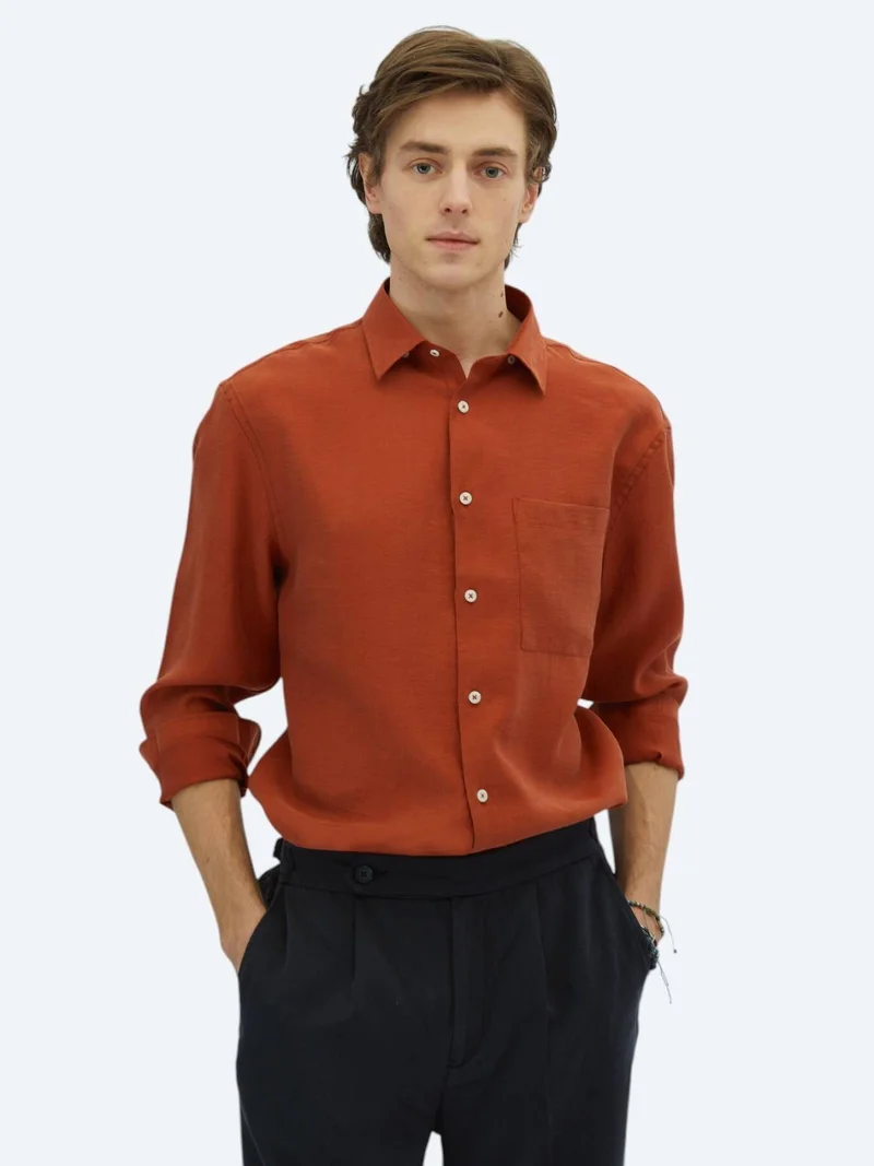 Kip Tile Red Plain Oversize Fit Long Weaving Casual Shirt
