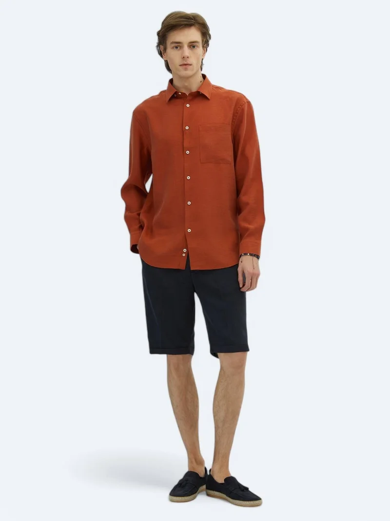 Kip Tile Red Plain Oversize Fit Long Weaving Casual Shirt