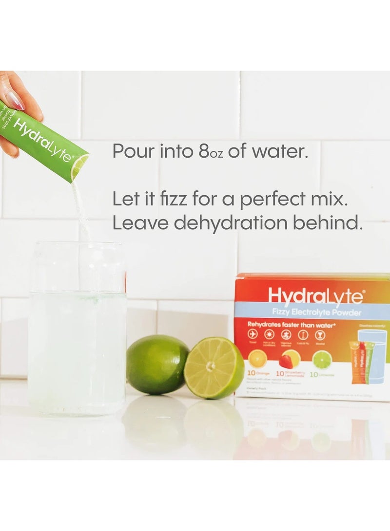 Hydralyte, Fizzy Electrolyte Powder, Variety Pack, Orange, Strawberry Lemonade, Limeade, 30 Individual Packets, (200 g) - Image 2