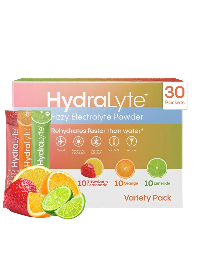 Hydralyte, Fizzy Electrolyte Powder, Variety Pack, Orange, Strawberry Lemonade, Limeade, 30 Individual Packets, (200 g) - Image 1