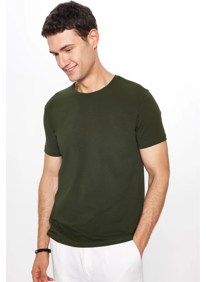 Tudors Men's Slim Fit Slim Cut Cotton Soft Texture Flexible Fabric Plain Basic Khaki Crew Neck T-Shirt